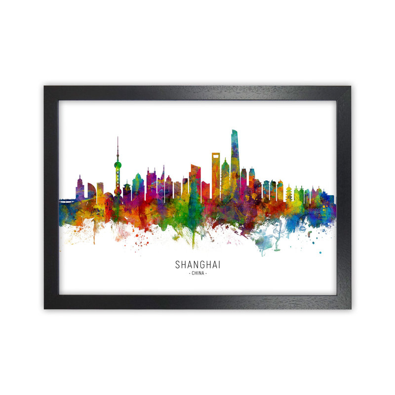 Shanghai China Skyline by Michael Tompsett - Print, Black Framed, 64cm H x 88cm W x 3cm D