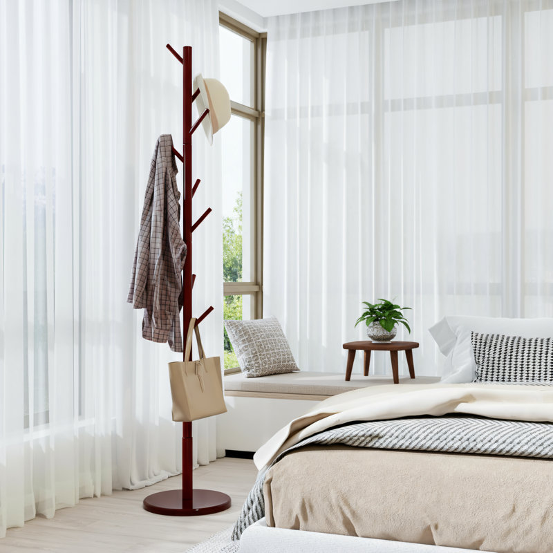 Brown Wooden Freestanding Coat Rack, 4 Height Options, 9 Hooks, Sturdy And Durable, Easy To Assemble, Space-saving, Suitable For Hanging Clothes, Bags, And Hats, Ideal For Entryways, Bedrooms, Offices, And Narrow Spaces.