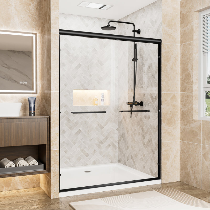 72" H 54" W Double Sliding Shower Door, 1/4" (6Mm) Clear Tempered Glass With -Proof Film, Matte Black Aluminum Frame, Waterproof Design, Reversible Installation For Modern Bathroom High Wide Door