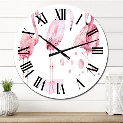 Pink Flamingos on White - Traditional Wall Clock