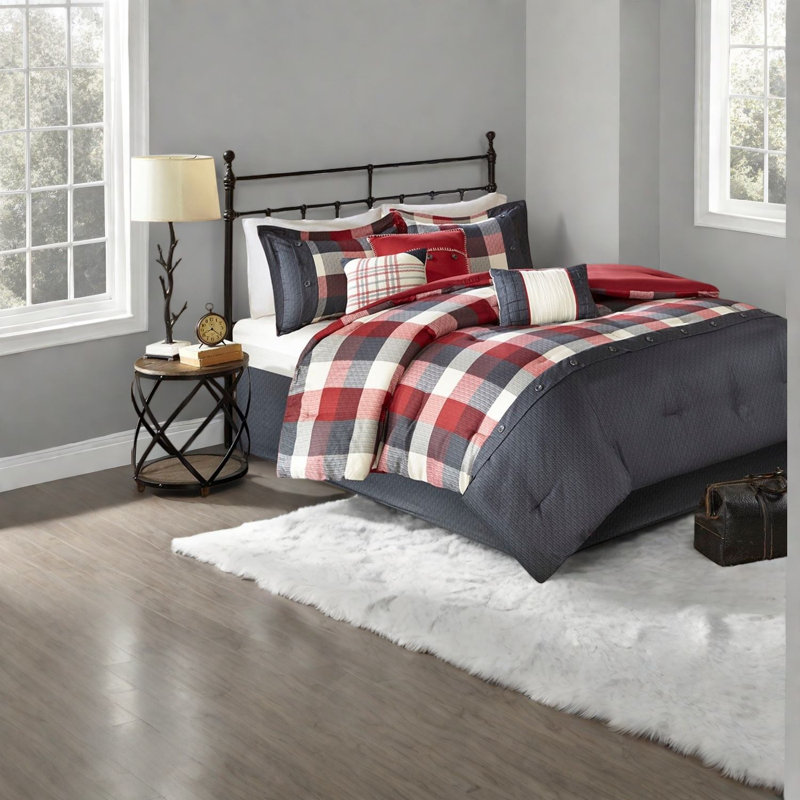 Ensemble de literie en polyester pour grand lit, maison de ferme à chevrons rouge