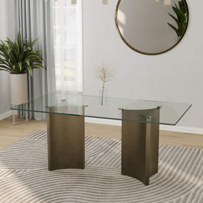70 Inch Bronze Dining Table With Clear Tempered Glass Top And Double Triangle Stainless Steel Base