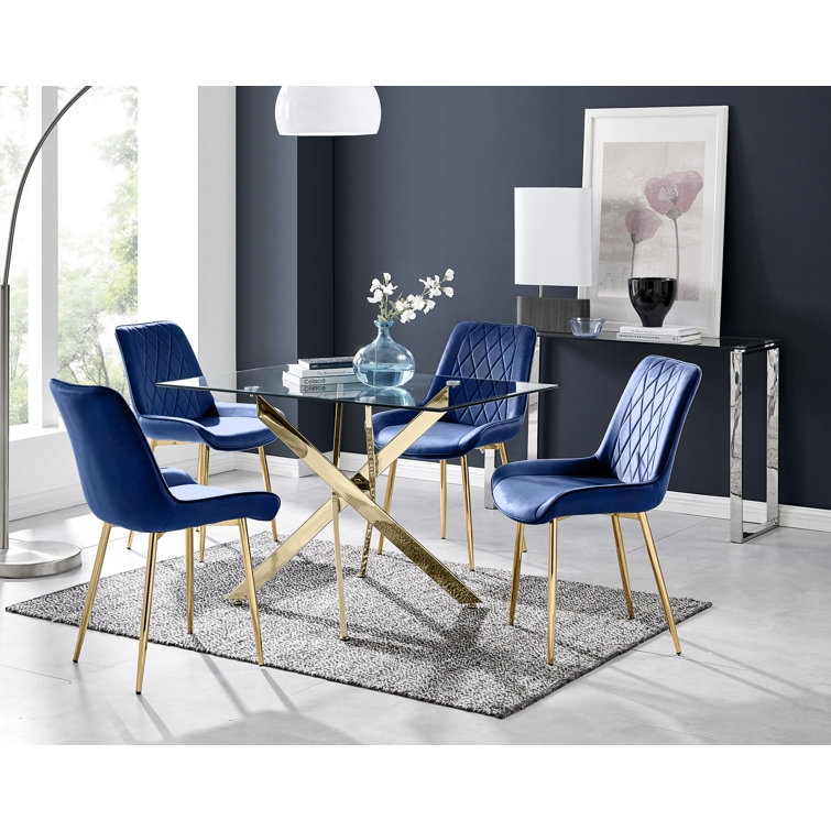 Lenworth Modern Metal and Glass Dining Table Set with 4 Velvet Upholstered Dining Chairs
