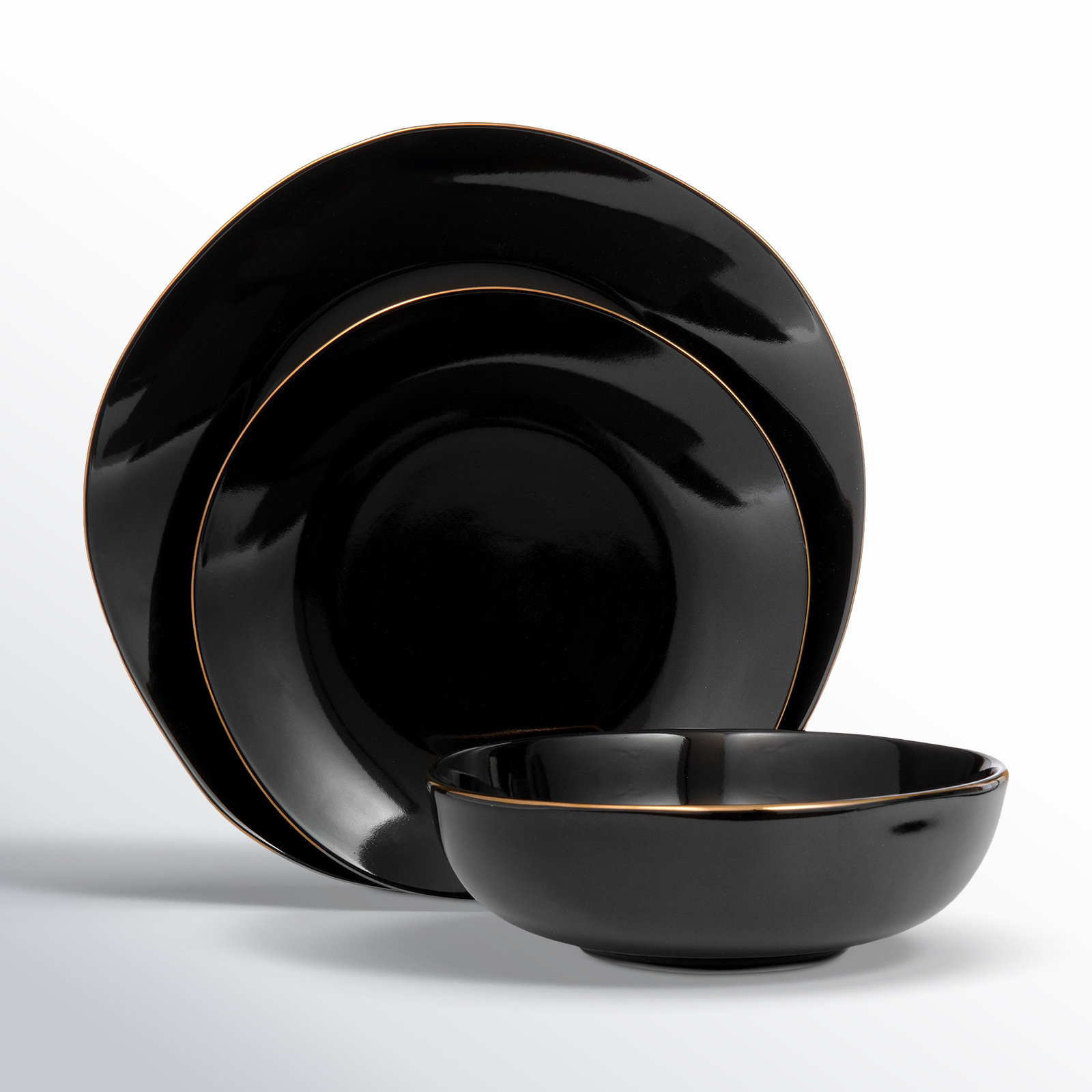 Andover Black 12 Piece Gold Rim Dinnerware Set, Service For 4, Black