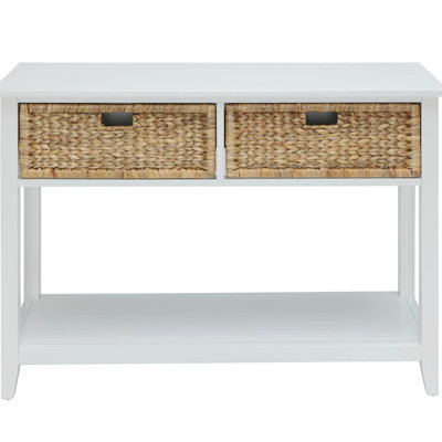 White Rectangular Table With Stable Legs And 2 Organization Wood Console Basket Drawers Extra Space