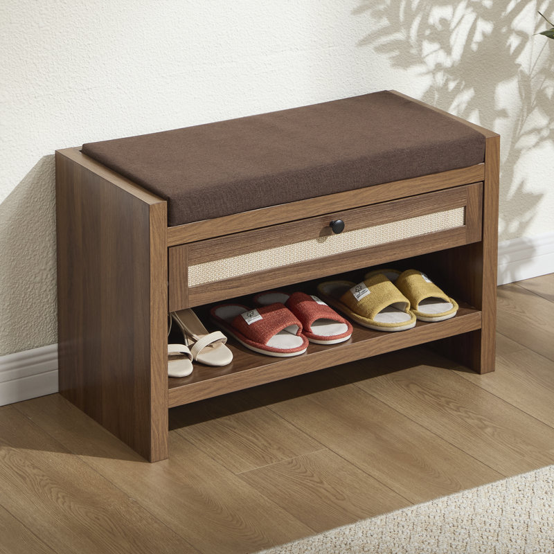Banc d'entrée pour chaussures avec coussin rembourré, tiroir de rangement et tablette ouverte, banc d'appoint en bois robuste pour le couloir