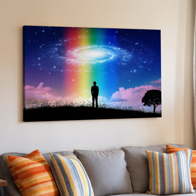 Canvas A Silhouetted Figure Stands On A Gentle Hill Gazing Upwards Wall Art At A Vibrant Cosmic Scene The Background Features A Canvas Wall Art