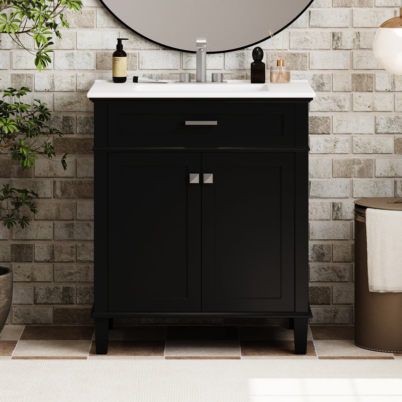 Meuble-lavabo de 30 po en noir, lavabo en céramique, espace aménagé, tablettes réglables, portes à fermeture douce modernes de 30 po, fabrication robuste,