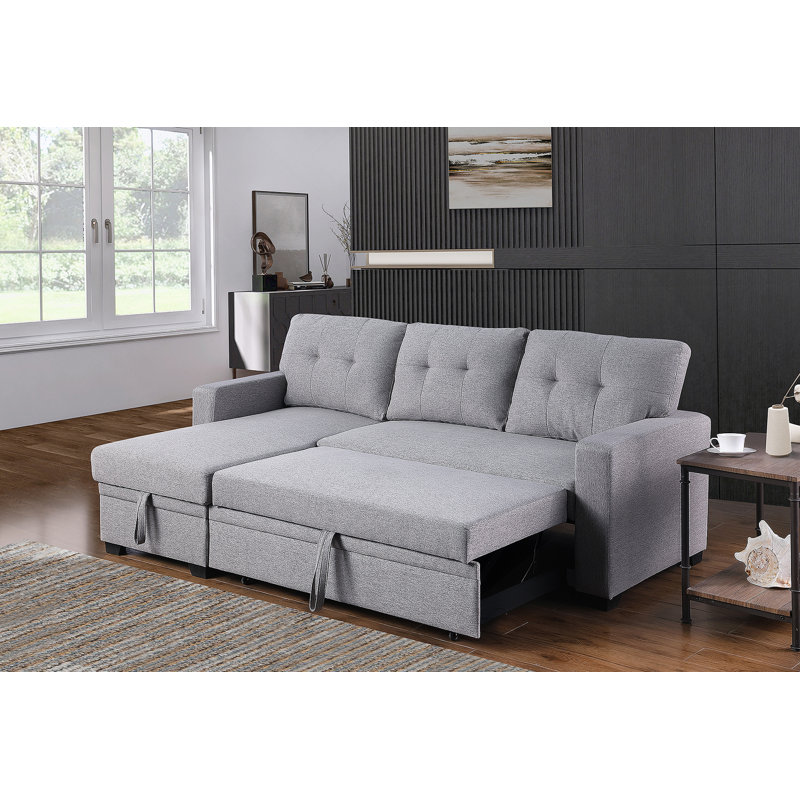 Upholstered Pull Out Sectional Sofa With Chaise, Light Grey Linen