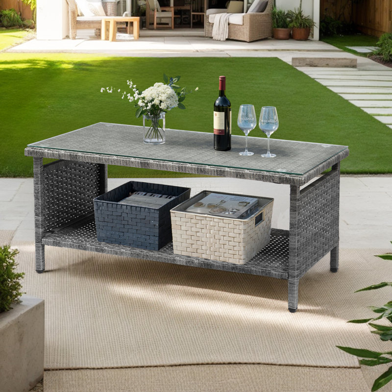 16-Inch Double-Layered Gray Wicker Patio Side Table, Gray