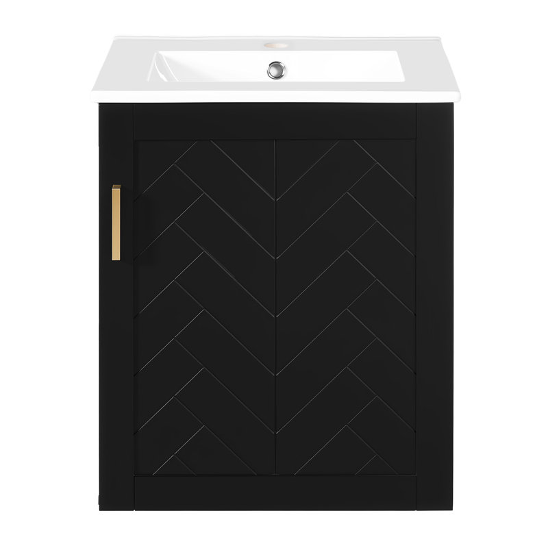 Meuble-lavabo simple mural moderne de 20 po avec lavabo en céramique et meuble flottant avec tablettes latérales, Noir