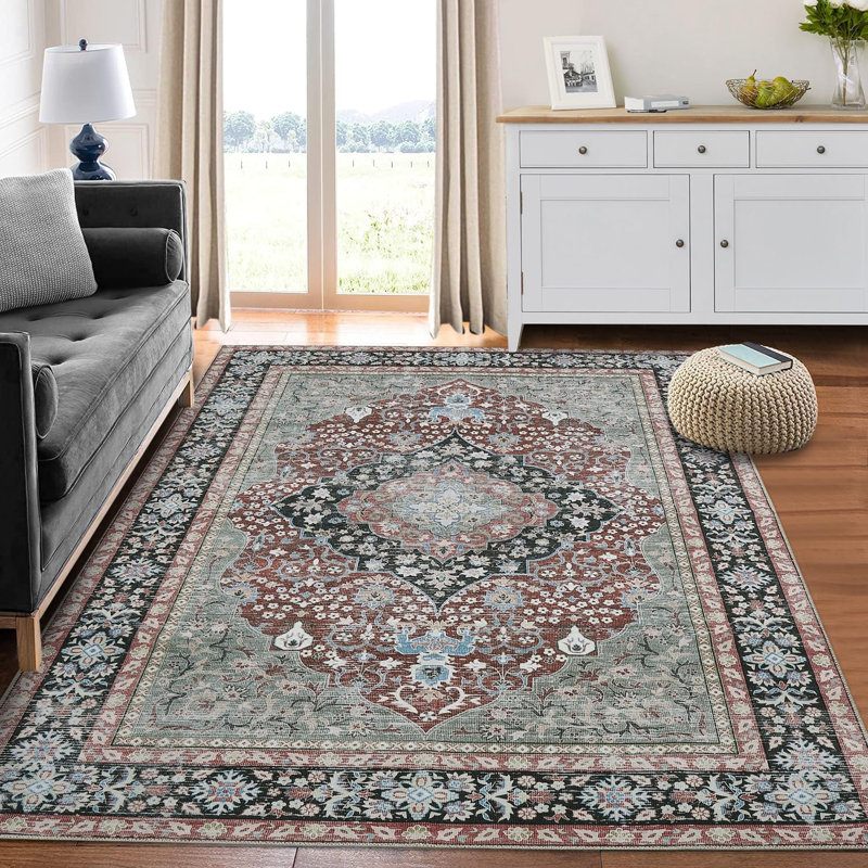 Vintage Distressed Washable Area Rug – Retro Medallion Design, Non-Slip, Stain-Resistant Carpet for Living Room, Bedroom, Blue