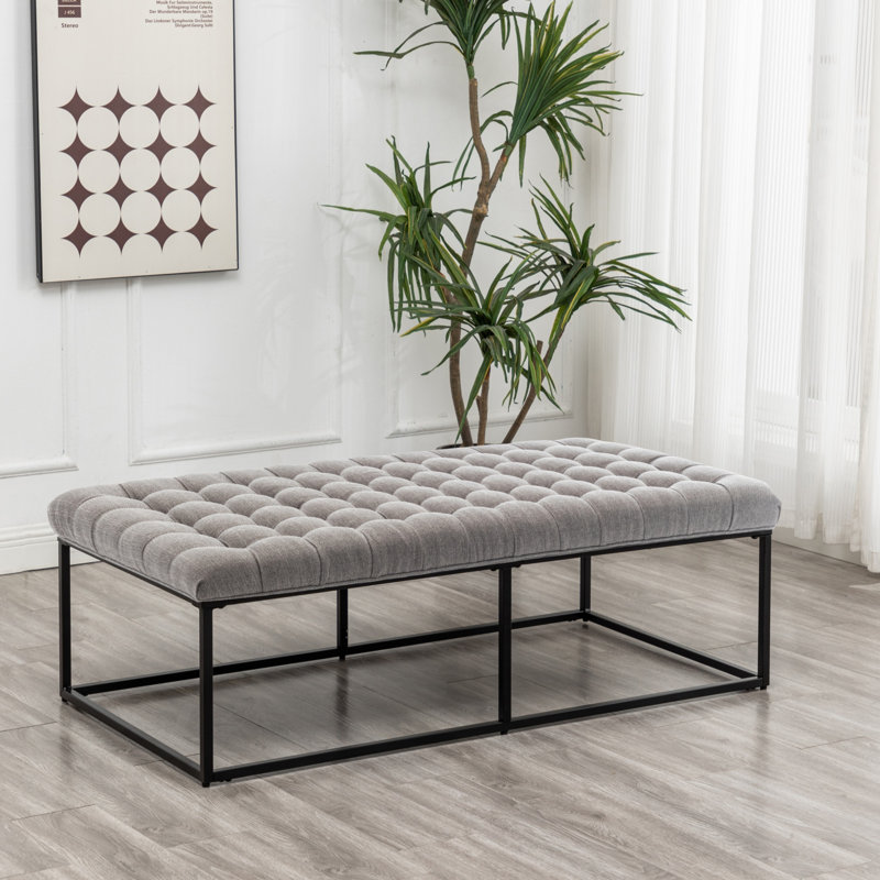 56" Rectangle Tufted Cocktail Ottoman Bench With Sturdy Metal Base, Upholstered Accent Furniture For Living Room, Gray