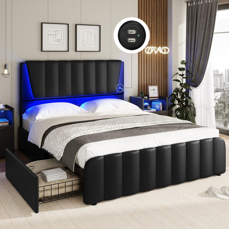 Lit plateforme tapissier en cuir moderne avec tiroirs de rangement noir, Grand