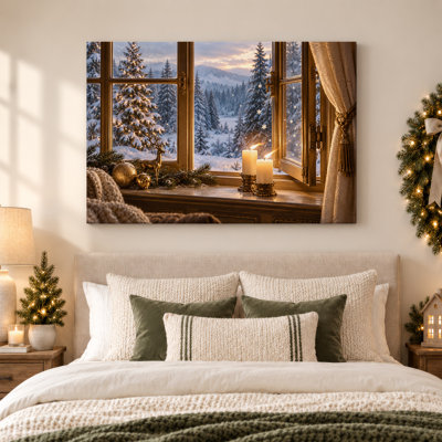 Art mural sur toile avec bougies allumées et cerf doré sur rebord de fenêtre