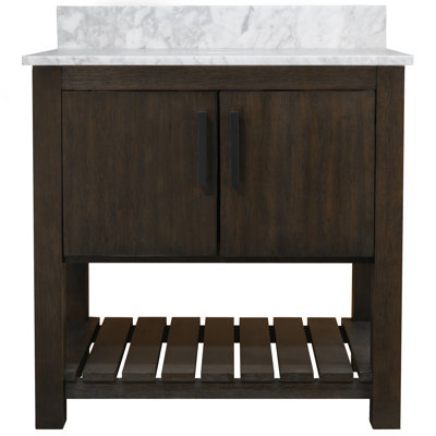 Meuble-lavabo de 30 po avec comptoir en marbre de Carrare, lavabo en porcelaine, quincaillerie noir mat