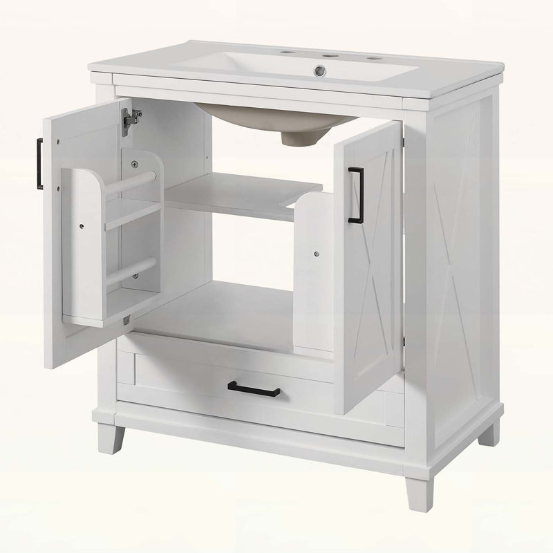 Meuble-lavabo de 30 po avec lavabo, deux tablettes de rangement et amplement d'espace de rangement, Blanc