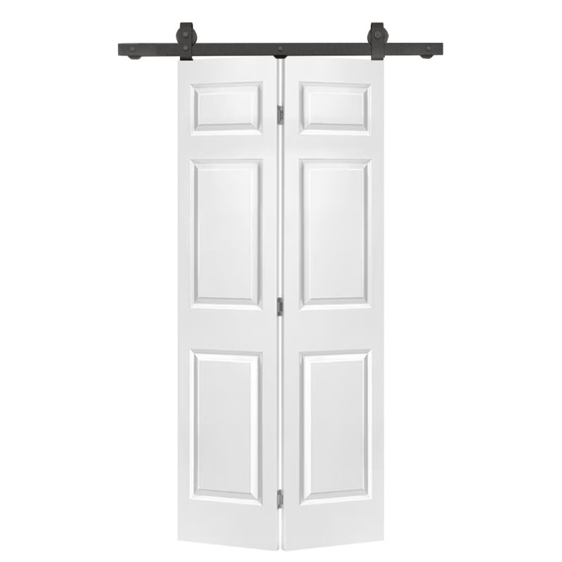 Primed White MDF Composite Bifold Barn Door with Black Hardware, 36" x 80"
