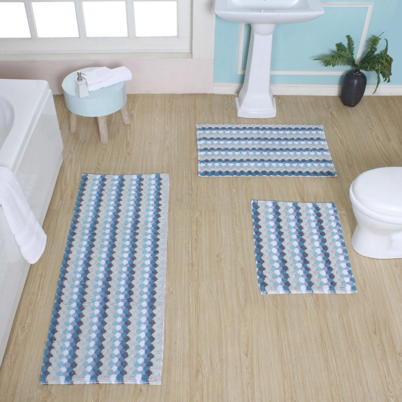 Tapis de salle de bain 100% coton Macek, tapis de bain antidérapant lavable à la machine - ensemble de 3 pièces avec tapis de couloir