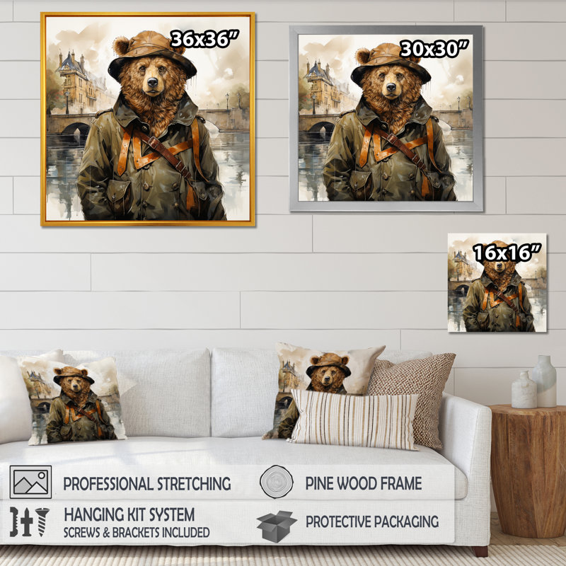 Ours en costume détective campagne I - ours 2, art mural, Cadre doré simple, H 30 po x l 30 po x P 1,5 po
