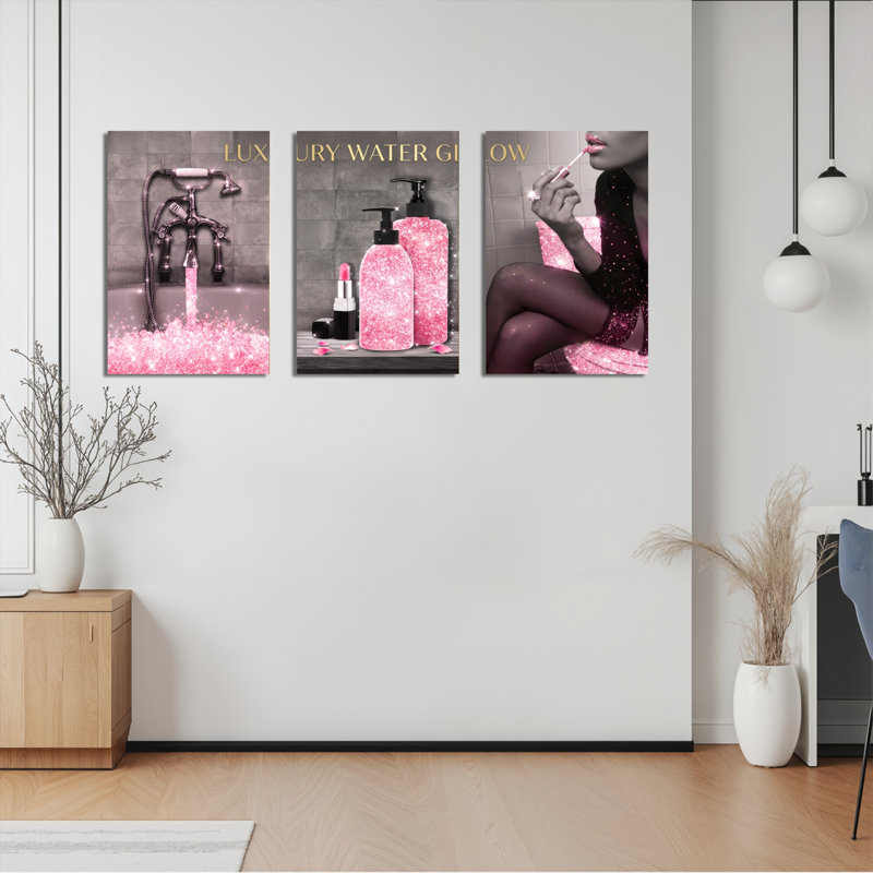 Ensemble de 3 tableaux muraux sur toile rose scintillante représentant une femme et un maquillage pour salle de bain.