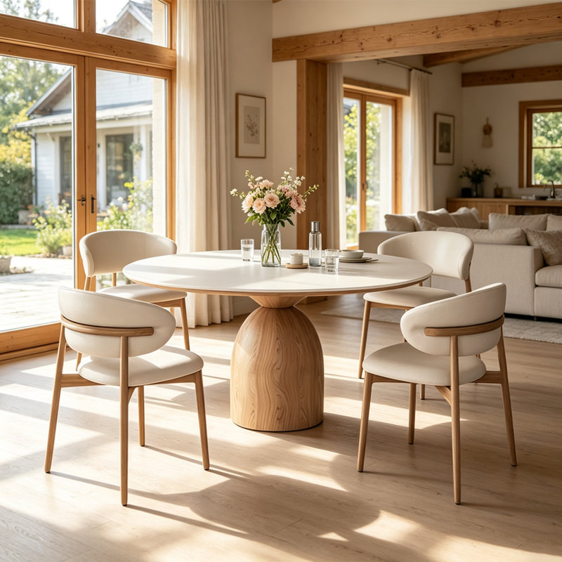 White round stone slab dining table, 29.53" H x 47.24" L x 47.24" W