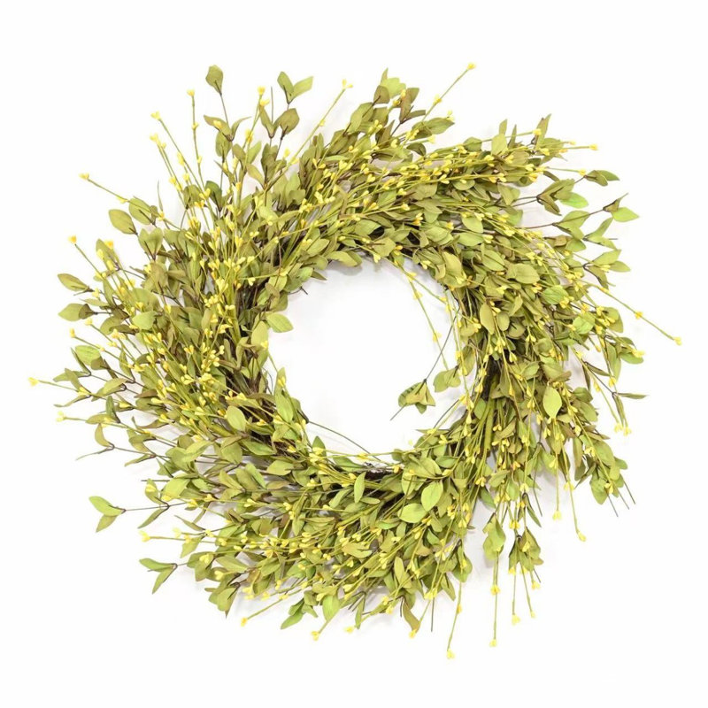 Couronne de printemps artificielle 24 po à fleurs, Vert / Jaune