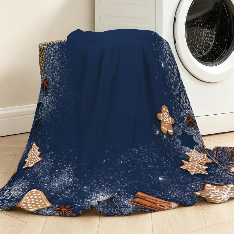 Jeté en flanelle bleue molletonnée ultra douce, motif de Noël avec pain d'épice, Jeté 50 po x 60 po