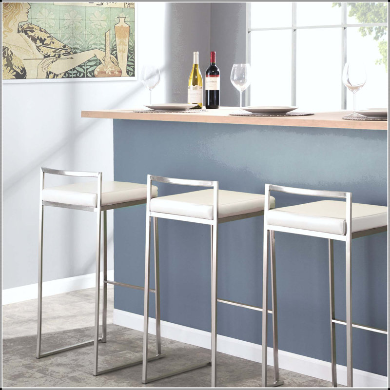 Tabouret de bar empilable contemporain de 76 cm (30 po) en acier inoxydable - Ensemble de 3, Argent, Beige / similicuir, 3