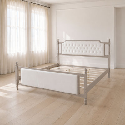 King Size Upholstered Platform Bed with Button Tufted Velvet Headboard, Matching Footboard, Carved Wood Posts, Solid Wood Slat Support
