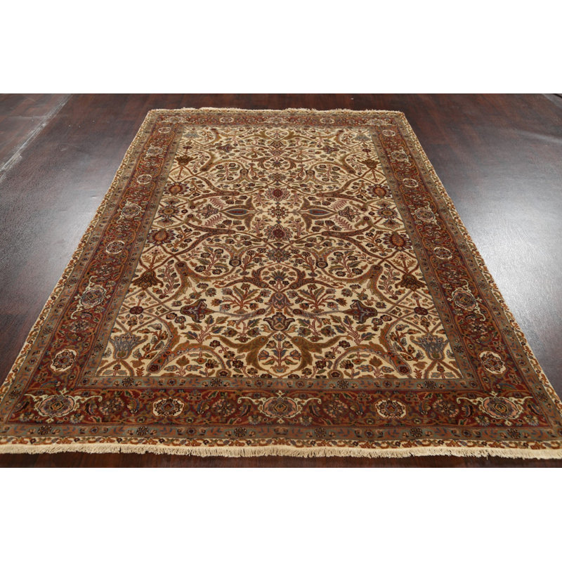 Tapis beige en laine noué à la main de conception unique 5 pi 10 po x 9 pi 1 po New Age