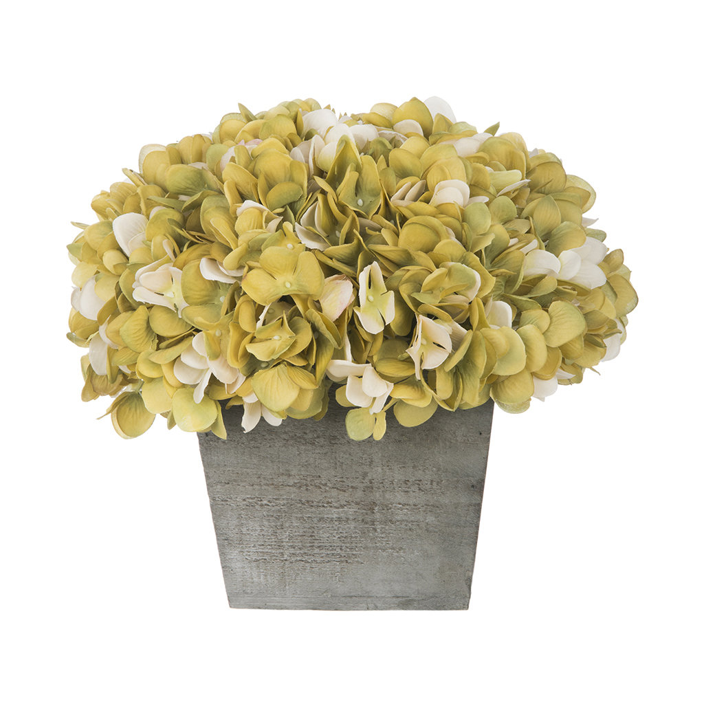 Fabric Hydrangea Arrangement in Planter August Grove® Flower Color: Sage / Cream