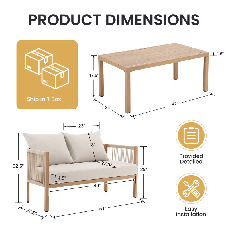 Causeuse d'extérieur avec table basse, Beige
