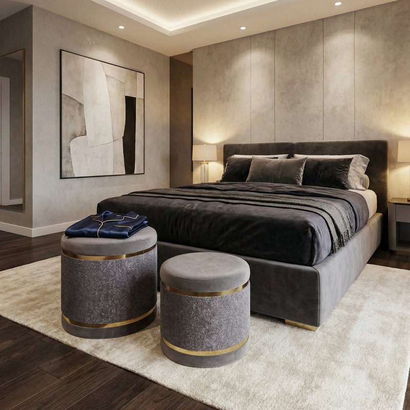 Gugna Nesting Ottomans – Set of 2 Round Gray Fabric Footstools with Gold Bands, 18" and 15"