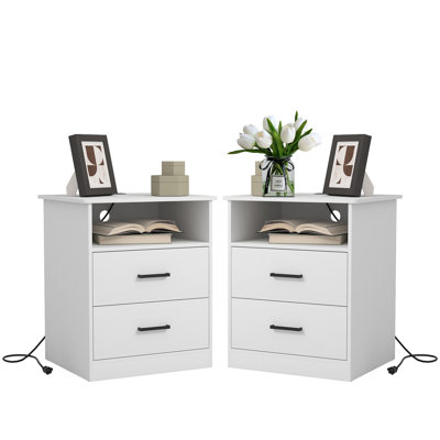 Set Of 2 White Modern Nightstands - 2 Drawers, USB-C & AC Outlets Charger Station For Bedroom