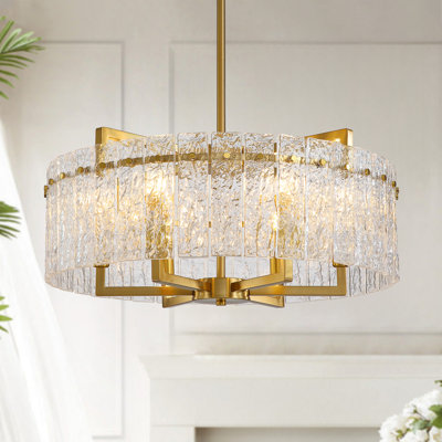 Friedhardt 6 - Light Dimmable Gold Drum Chandelier with Textured Glass, Modern Lighting for Kitchen Island or Dining Room