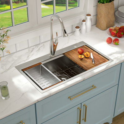 33" L x 19" W Drop-In Kitchen Sink Workstation Single Bowl Sink 16 Gauge Stainless Steel Sink