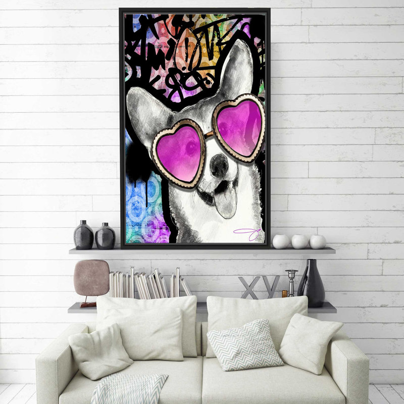 Corgi (vertical) - Impression sur bois, Cadre flottant noir, H 51,5 po x l 31,5 po x P 2 po