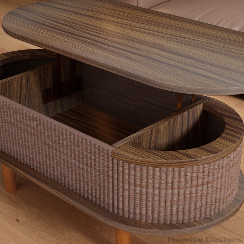 Table basse cannelée à plateau relevable avec compartiment caché, table centrale en bois pour la maison et le bureau modernes