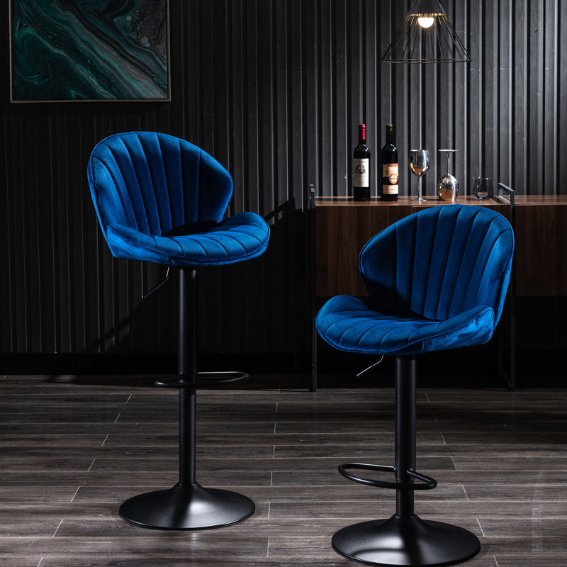 Adjustable Bar Chairs In Blue For Kitchen Pub Counter Height, 2 With Back And Footrest Height Mid-century