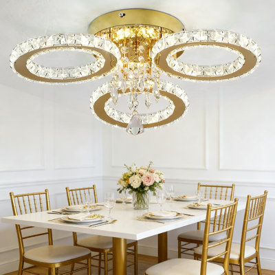 Lustre moderne en cristal à DEL, plafonnier encastré avec 3 anneaux dorés, à intensité variable et à température de couleur réglable pour la chambre à coucher, la salle à manger, le couloir