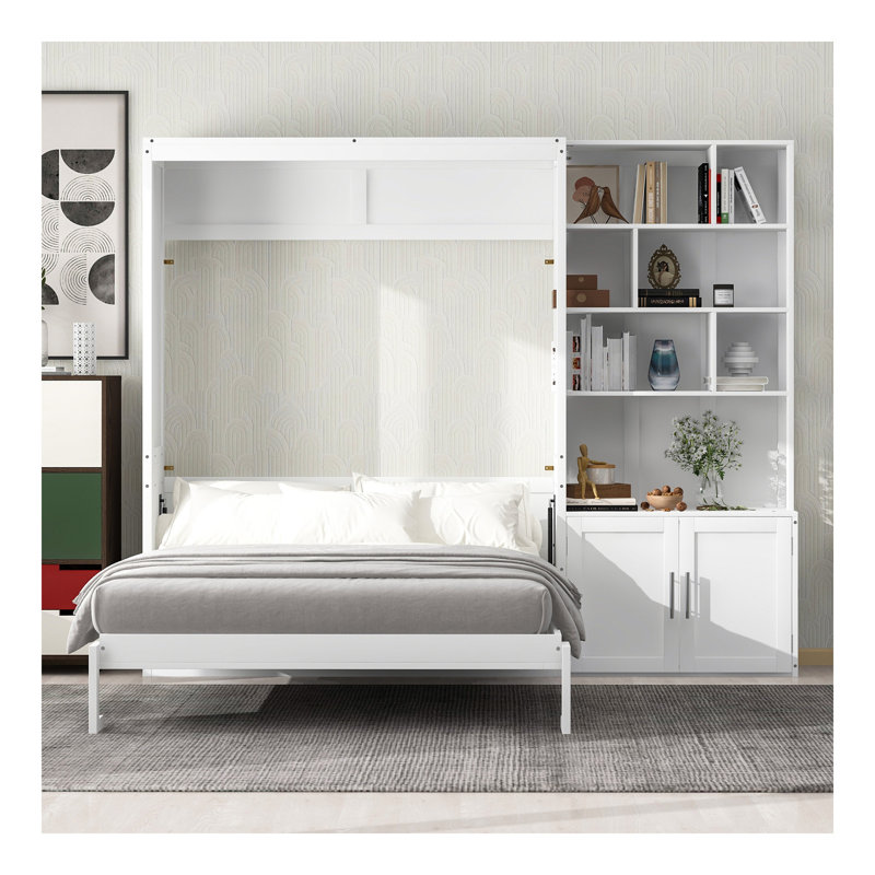 Lit escamotable double avec plusieurs tablettes de rangement et une armoire, blanc
