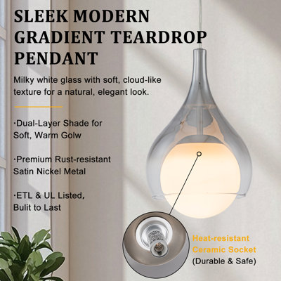 Mini-luminaire suspendu en forme de goutte 2 en 1 et semi-encastré en nickel satiné avec verre fumé double couche