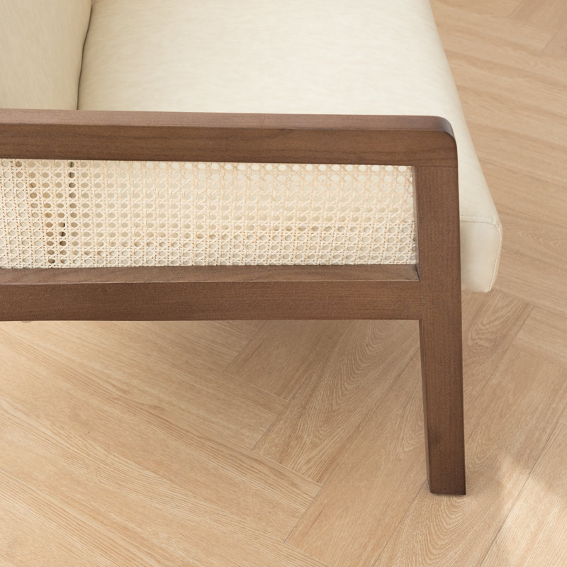 Upholstered Accent Chair With Rattan Mesh Armrests, Beige PU Leather, Beige