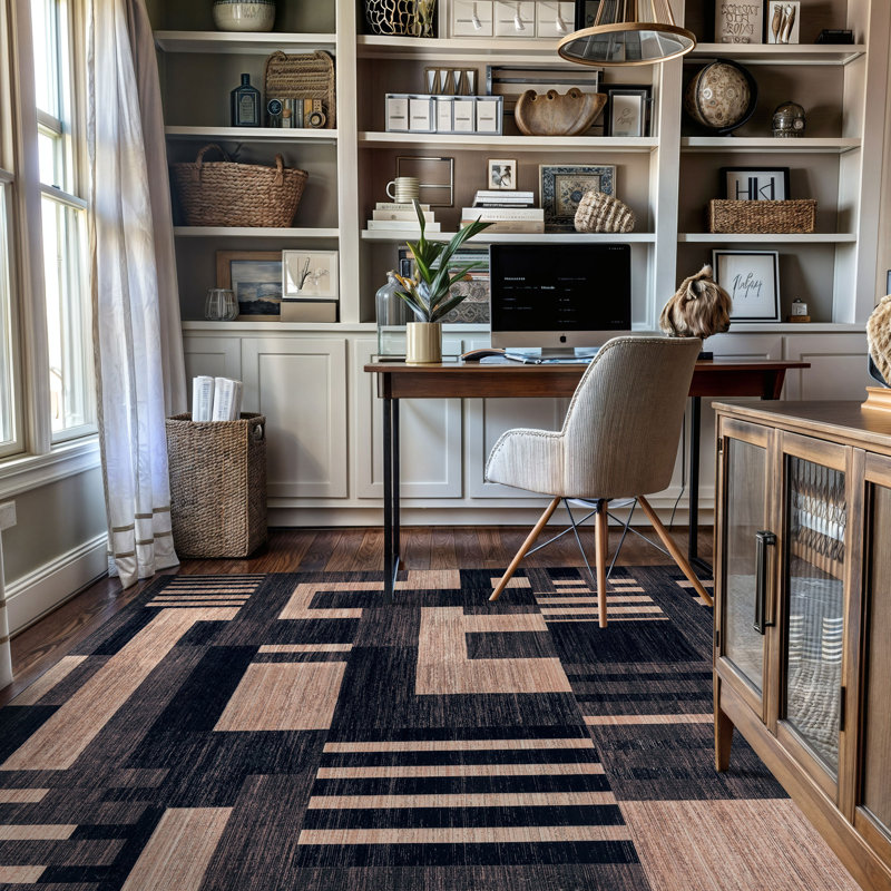 Tapis noir antidérapant à motif de blocs de couleur lavable à la machine, 5 pi x 7 pi