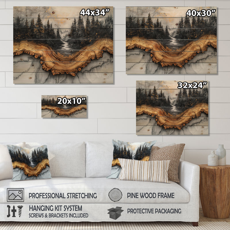 Paysage de forêt hivernale avec rivière Crystal II - décoration murale en bois forêt - sur bois de pin naturel