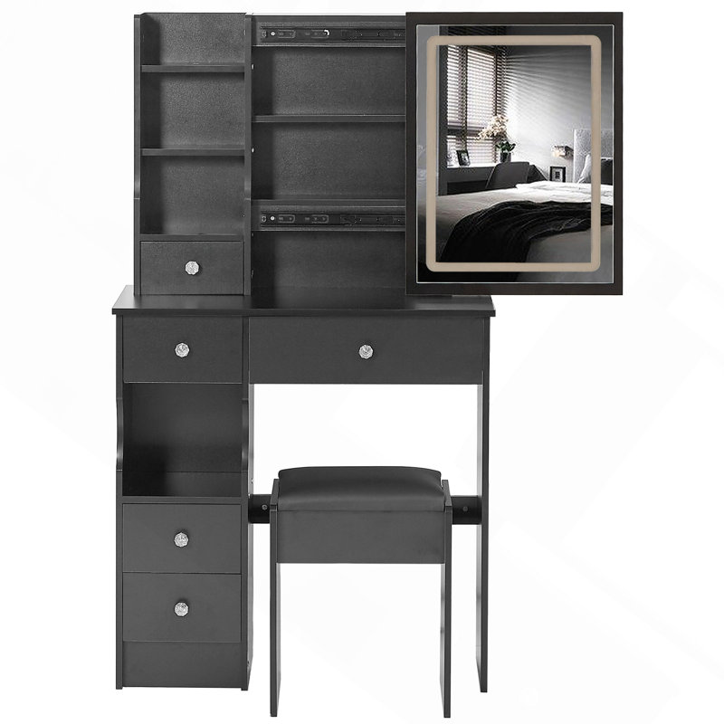 Ensemble de petite coiffeuse 29,2 pouces avec miroir tactile à DEL, bureau de maquillage 3 lumières à intensité variable avec tiroir gauche