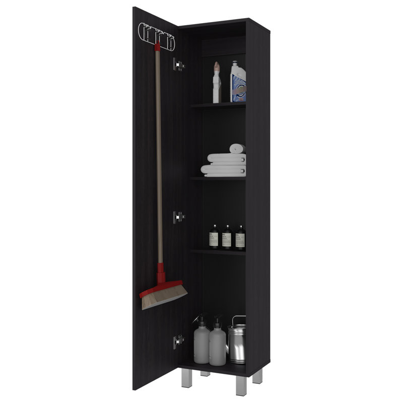 Armoire de rangement autoportante avec tablettes fermées, 4 tablettes intérieures, pieds en métal, panneau de particules noir pour les espaces de vie et utilitaires, grande porte simple moderne, pièce supérieure fonctionnelle