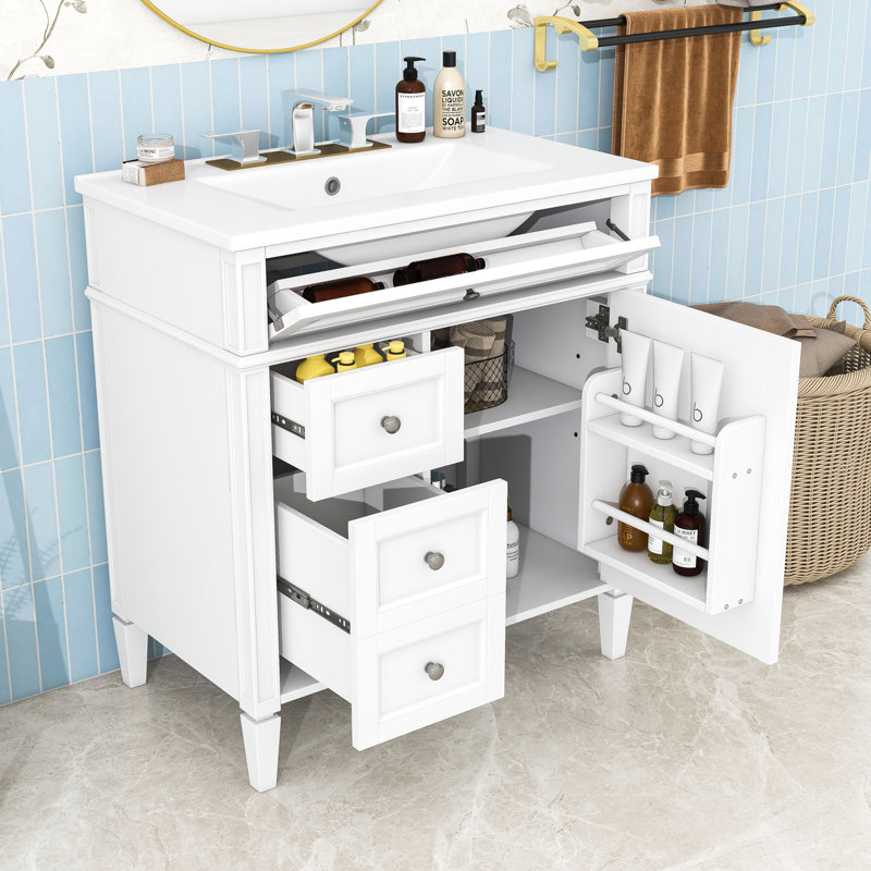 Meuble-lavabo simple autoportant contemporain avec lavabo en céramique et grand rangement Contemporary, Blanc