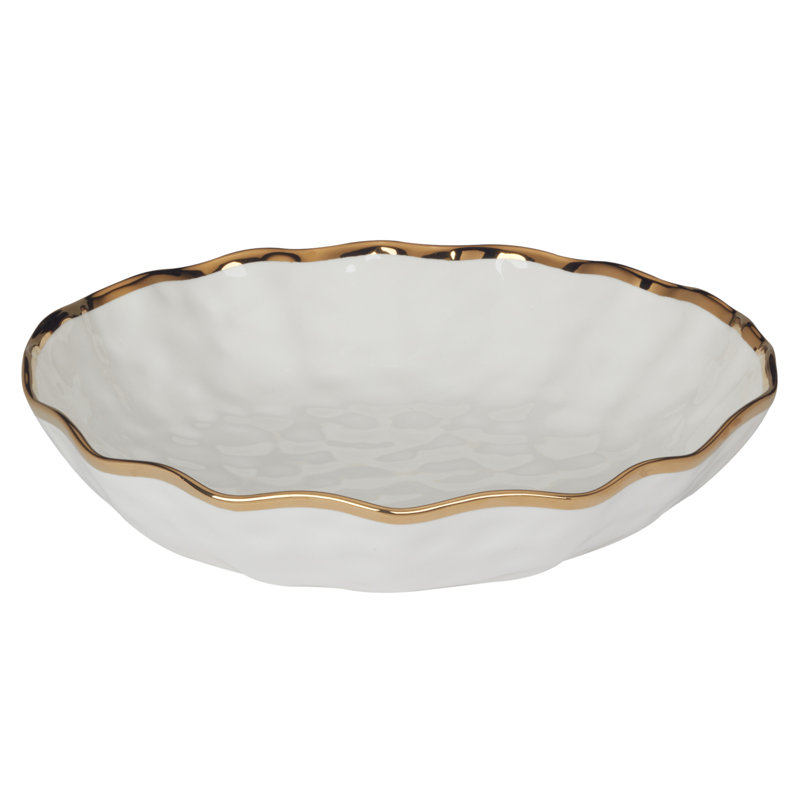 Gold Rimmed White Ceramic Serving Bowl, 13-inch